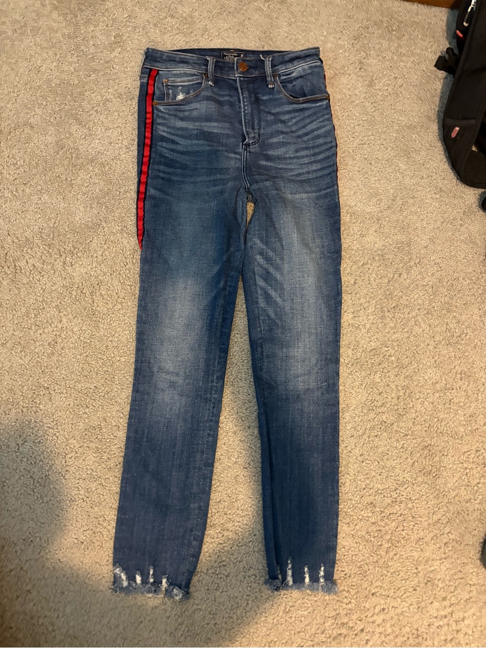 Abercrombie & Fitch Dark Blue Ankle Jeans with Red Side Stripe